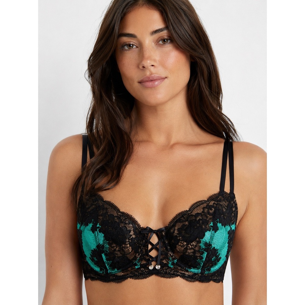 Victoria's Secret Unlined Demi Bra Black Teal Lace Corset‎ Detail 34D